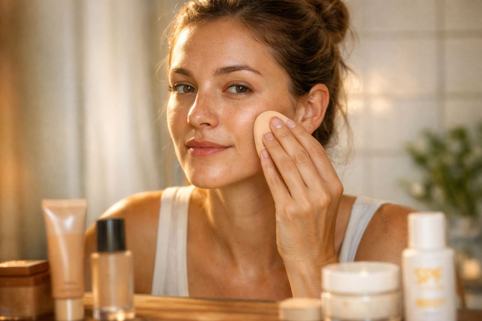 Mulher aplicando maquiagem com esponja em ambiente iluminado, com produtos de beleza em primeiro plano.