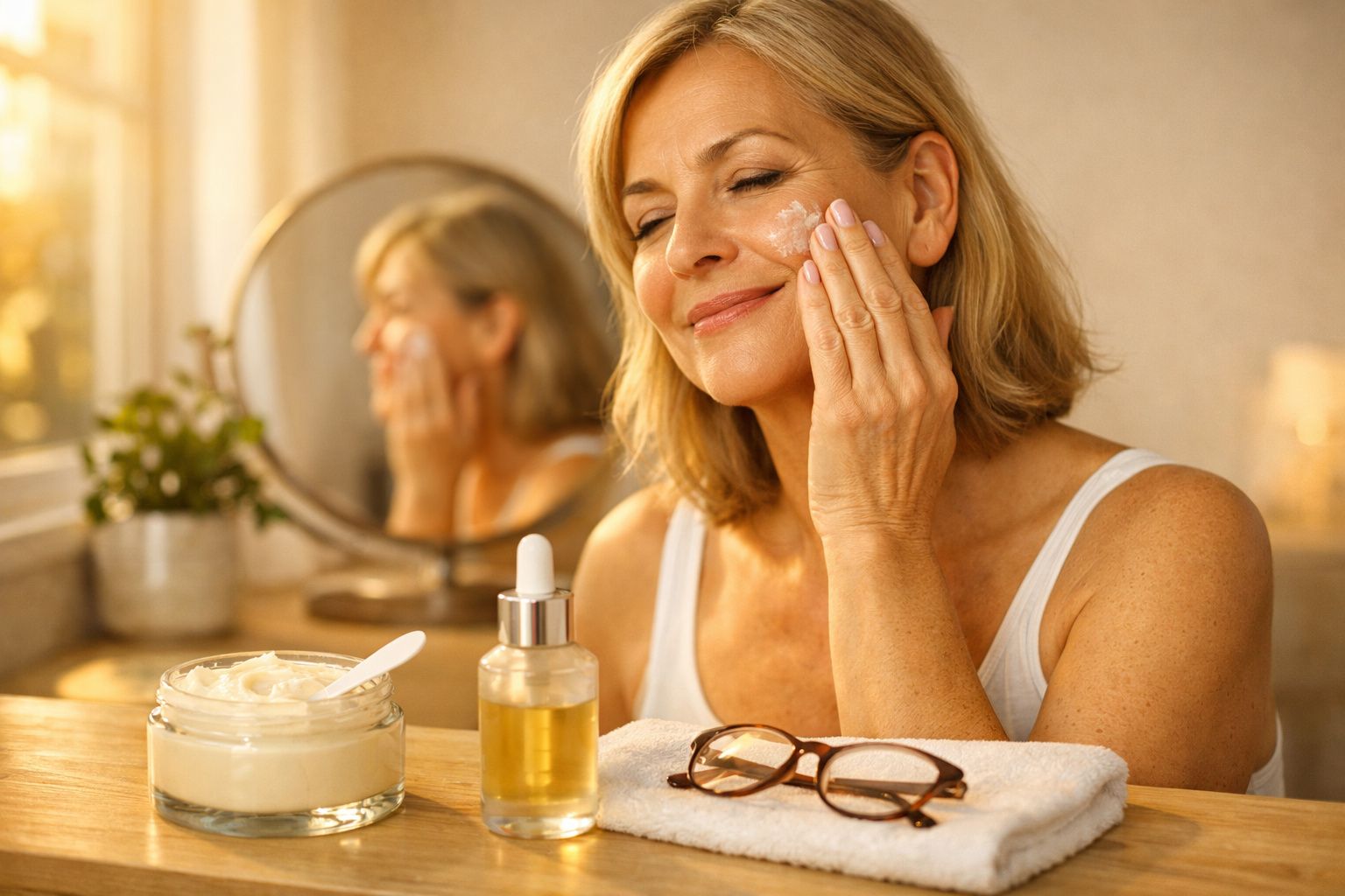 Mulher madura aplicando creme facial em ambiente iluminado, com frascos de cosméticos e óculos à frente.
