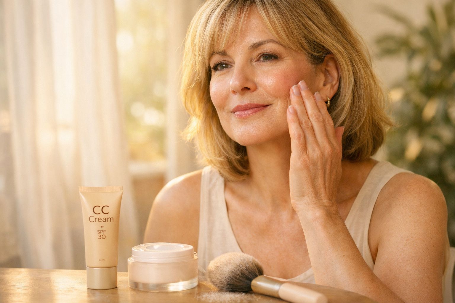 Mulher madura aplicando creme facial, com produtos de beleza e pincel na mesa em ambiente iluminado.