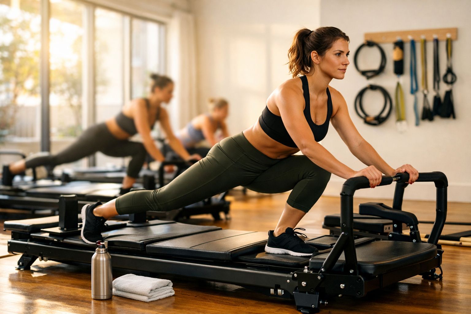 Mulher fazendo exercício de alongamento em aparelho de pilates em estúdio com outras praticantes ao fundo.