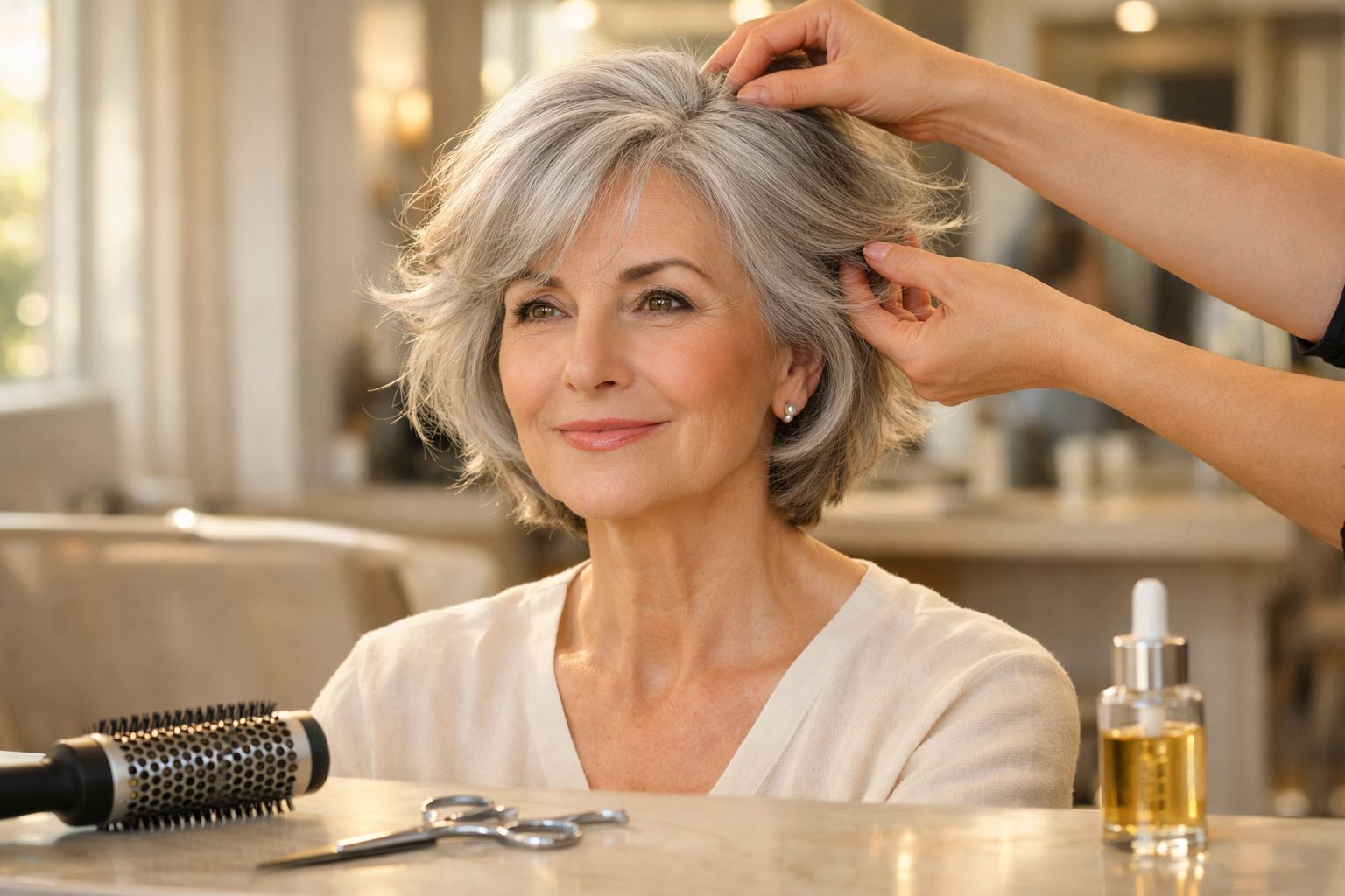 Mulher madura com cabelo grisalho recebendo cuidados de beleza em salão, sorrindo satisfeita.