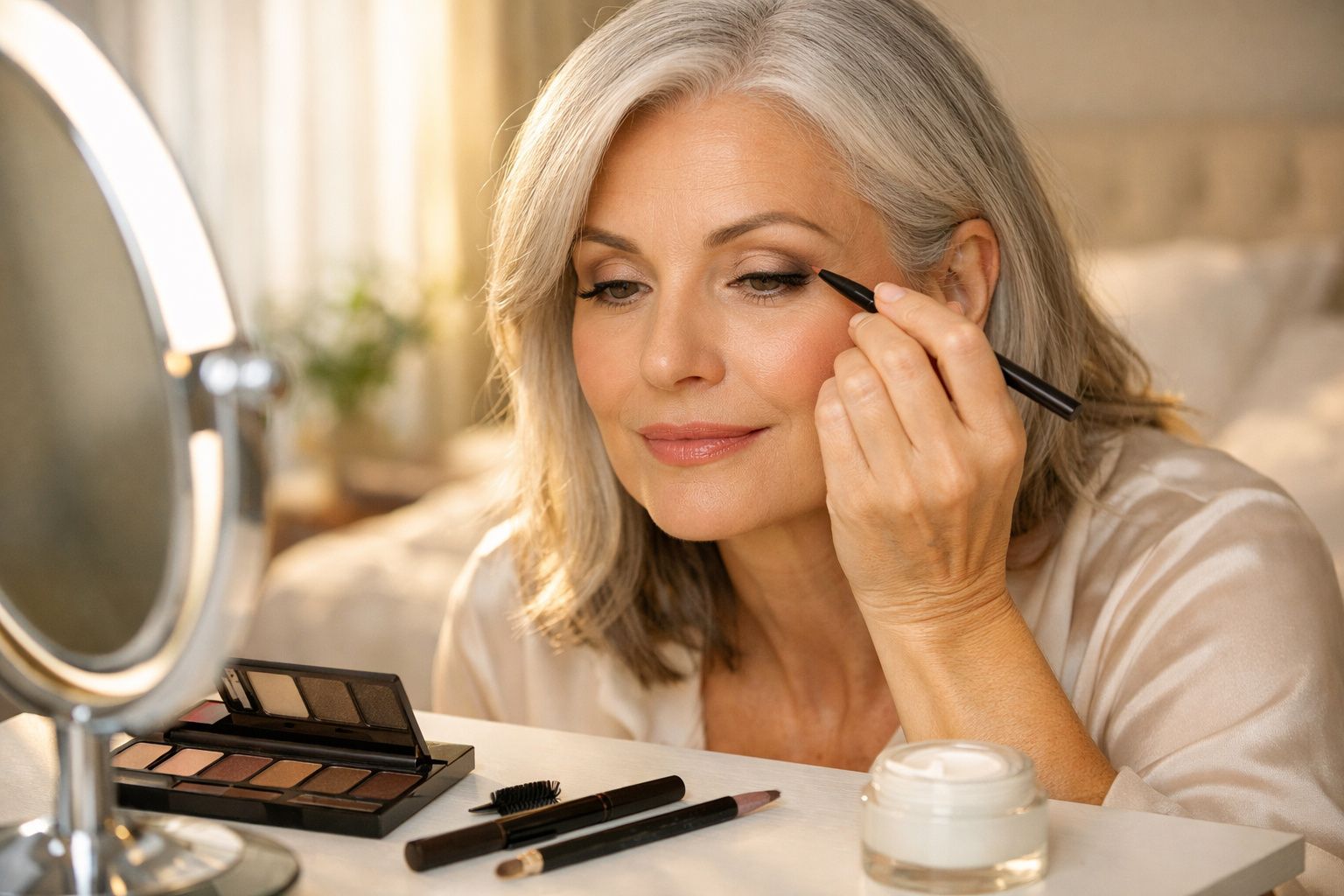 Mulher madura aplicando delineador nos olhos em frente ao espelho com maquiagem sobre a mesa.