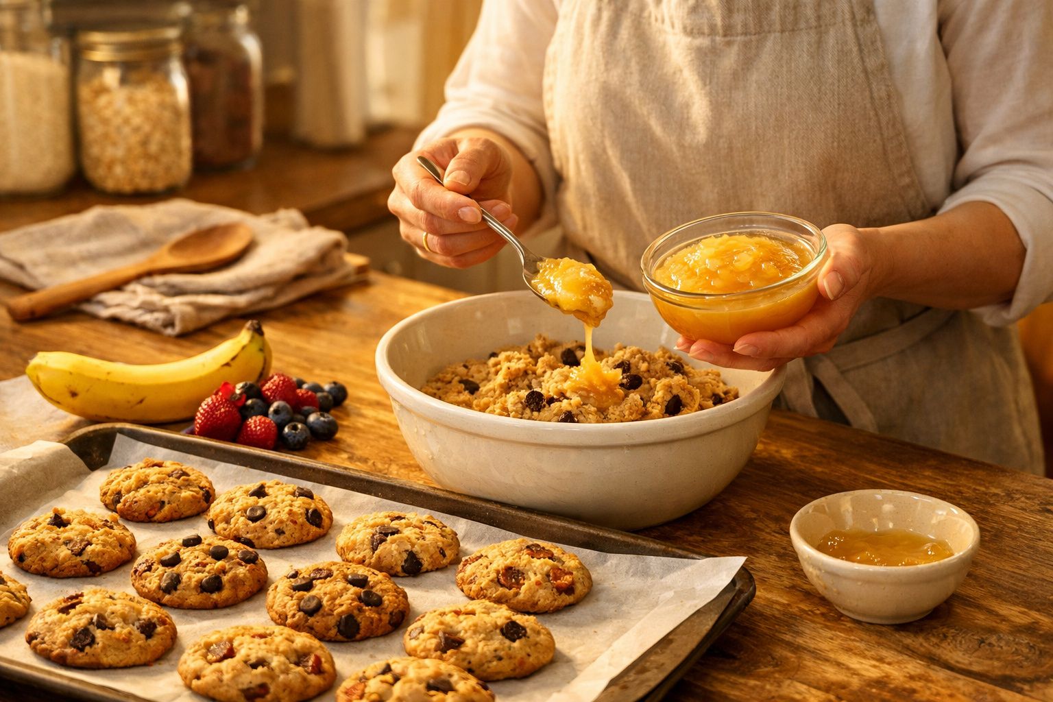 Pessoa colocando geleia em uma tigela com massa para biscoitos ao lado de biscoitos assados e frutas.