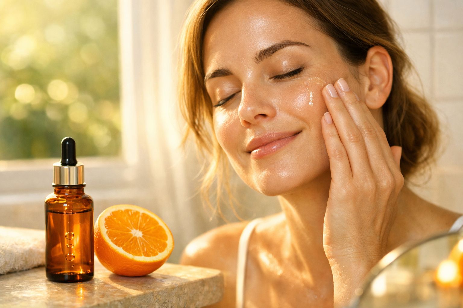 Mulher aplicando sérum facial próximo a laranja fatiada e frasco âmbar em ambiente iluminado.