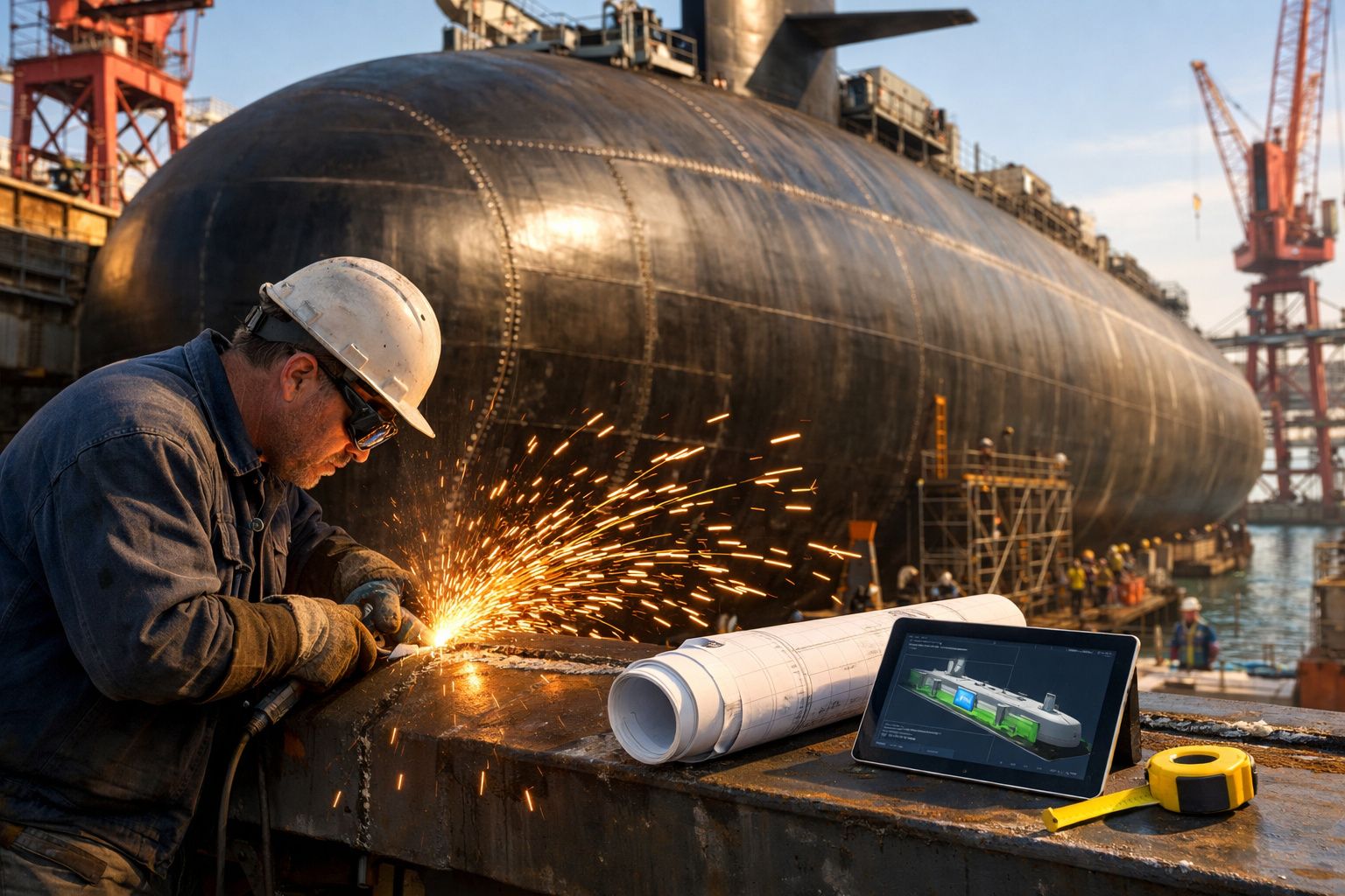 Trabalhador com capacete solda peça metálica perto de submarino em construção, com planta e tablet ao lado.