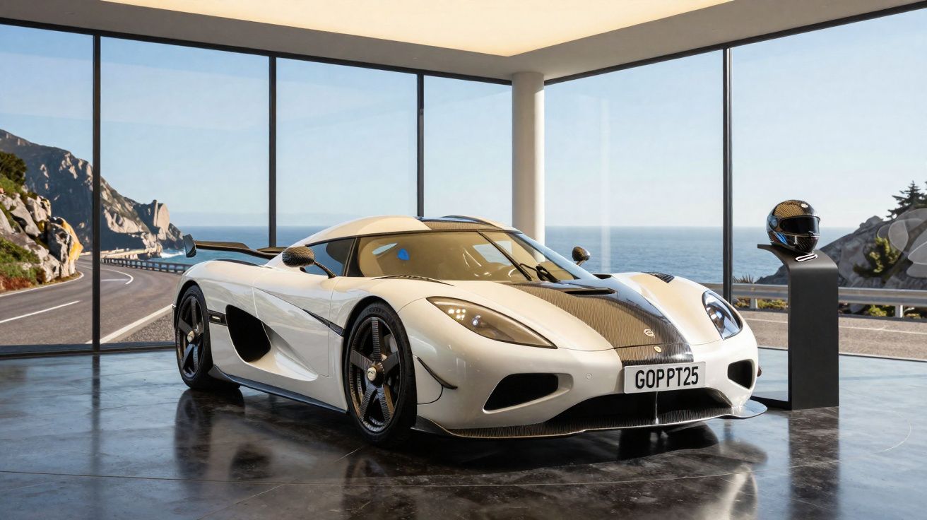 Carro esportivo branco com detalhes pretos em garagem moderna com vista para o mar e estrada costeira.