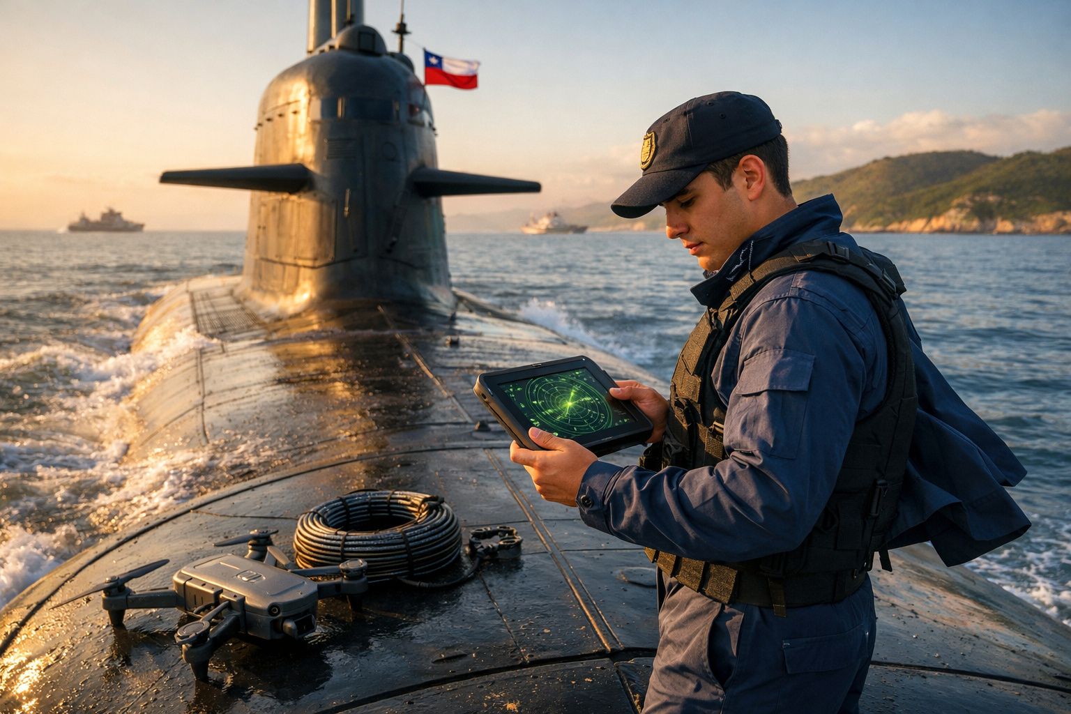 Militar usando tablet com radar a bordo de submarino com drone, mar e montanhas ao fundo.