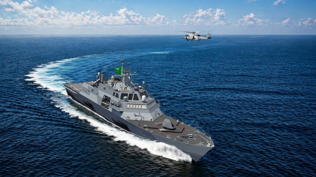 Navio militar cinza navegando no mar aberto com helicóptero voando ao lado em dia claro.