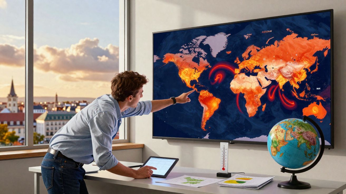 Homem aponta para mapa do mundo em tela com dados de calor em sala iluminada ao pôr do sol.