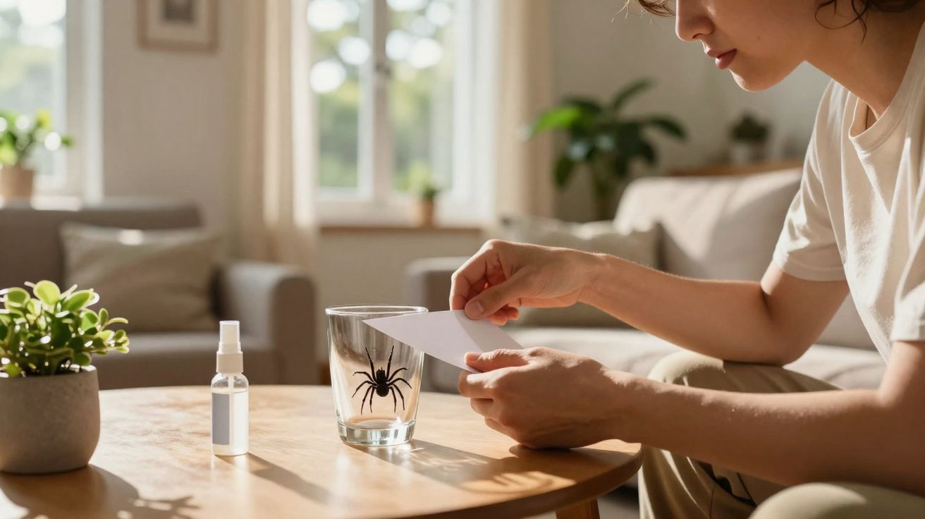 Pessoa tentando capturar uma aranha dentro de um copo transparente sobre uma mesa de madeira.