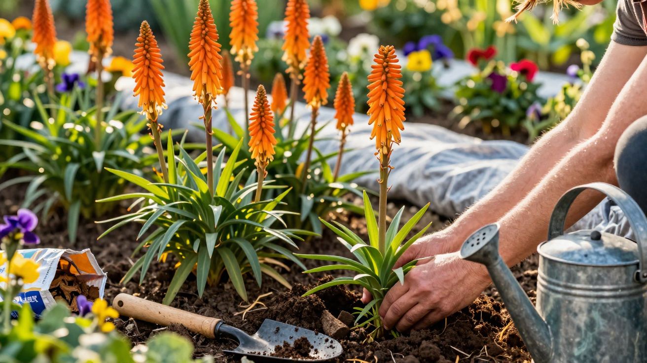 Pessoa plantando flores alaranjadas em jardim com regador e pá ao lado.