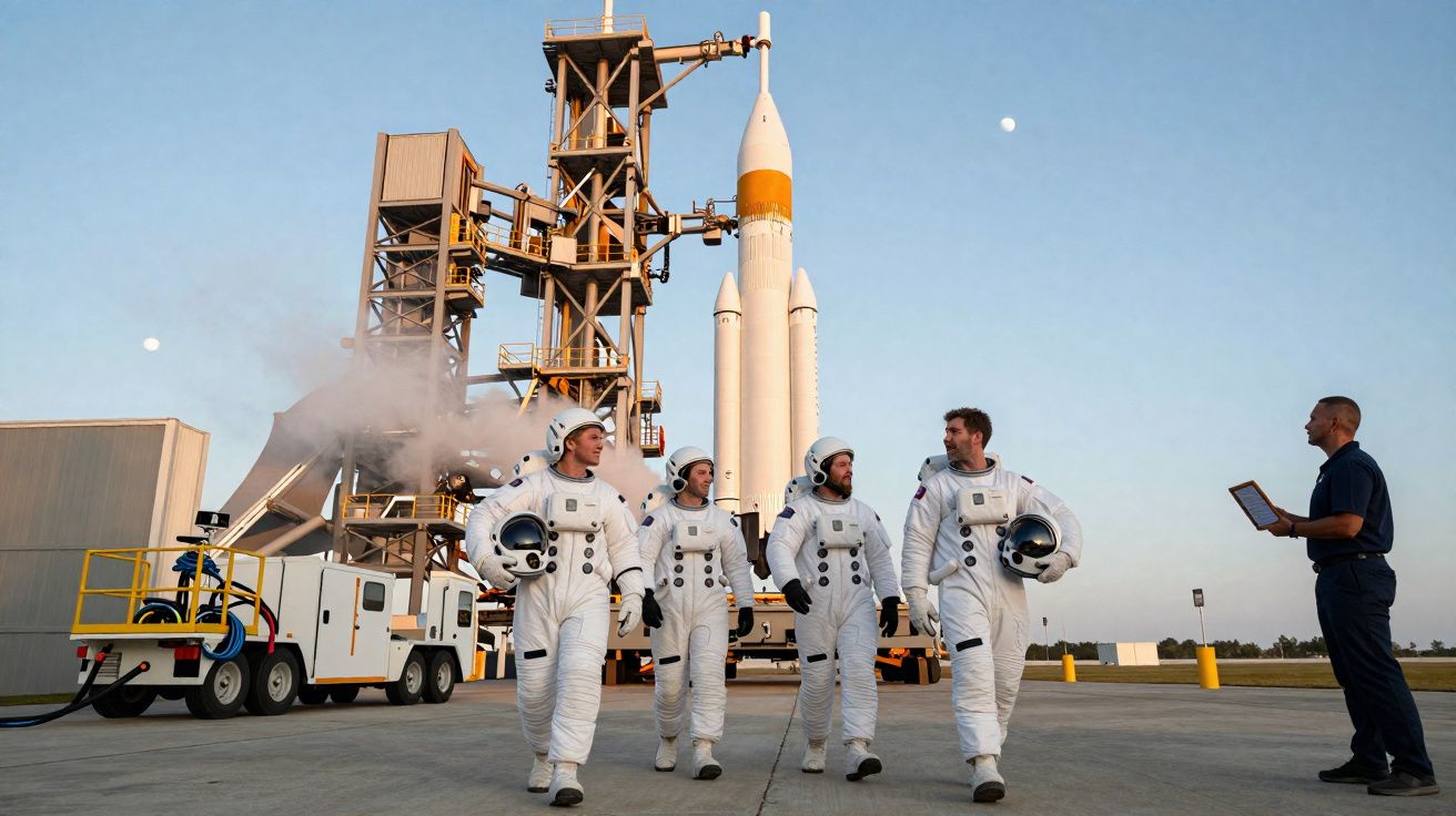Quatro astronautas caminham com capacetes na mão perto de um foguete pronto para lançamento ao entardecer.