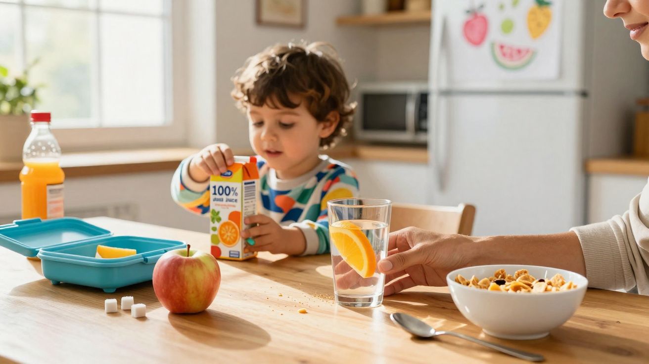 Criança abrindo caixa de suco laranja à mesa com maçã, copo d’água com fatia de laranja e tigela de cereal.