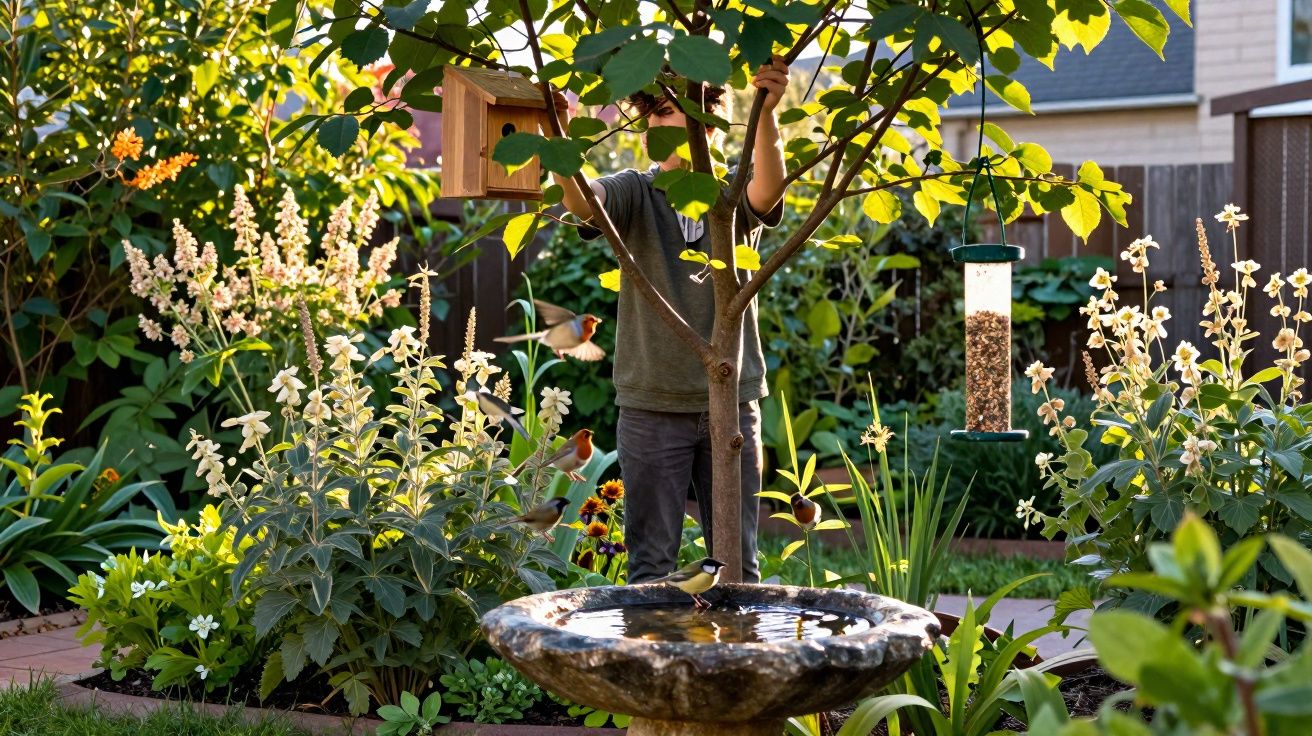 Pessoa pendura casa de passarinho em árvore, com aves e fonte em jardim florido ao redor.