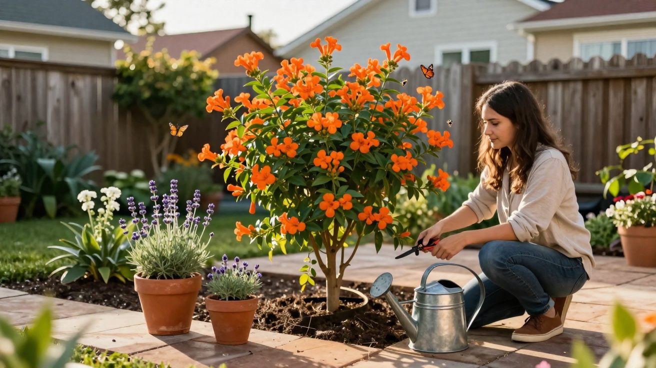 Mulher cuidando de plantas com flores laranja em jardim ensolarado, com regador e tesoura de poda.
