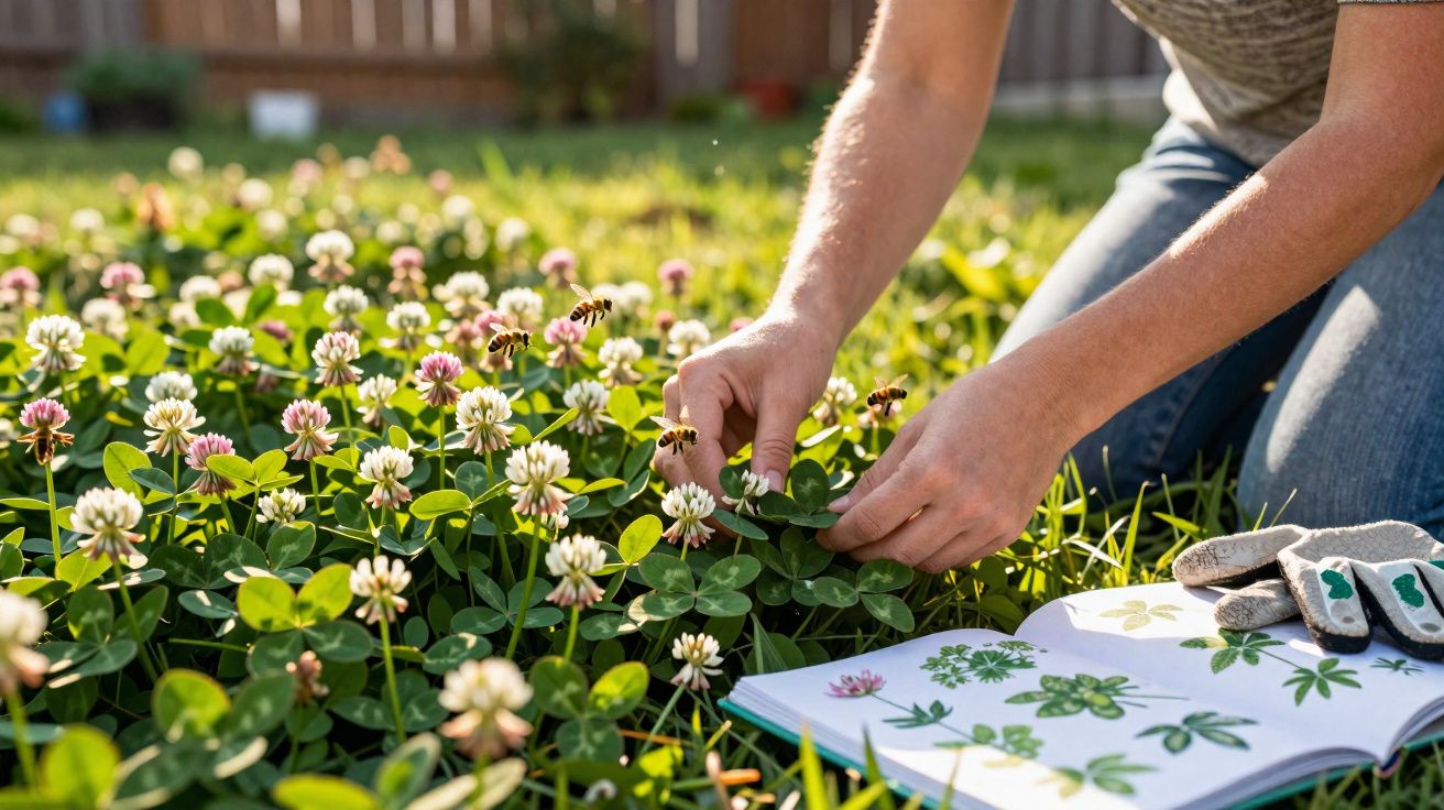 Pessoa coletando flores de trevo branco enquanto consulta livro de botânica ao ar livre.