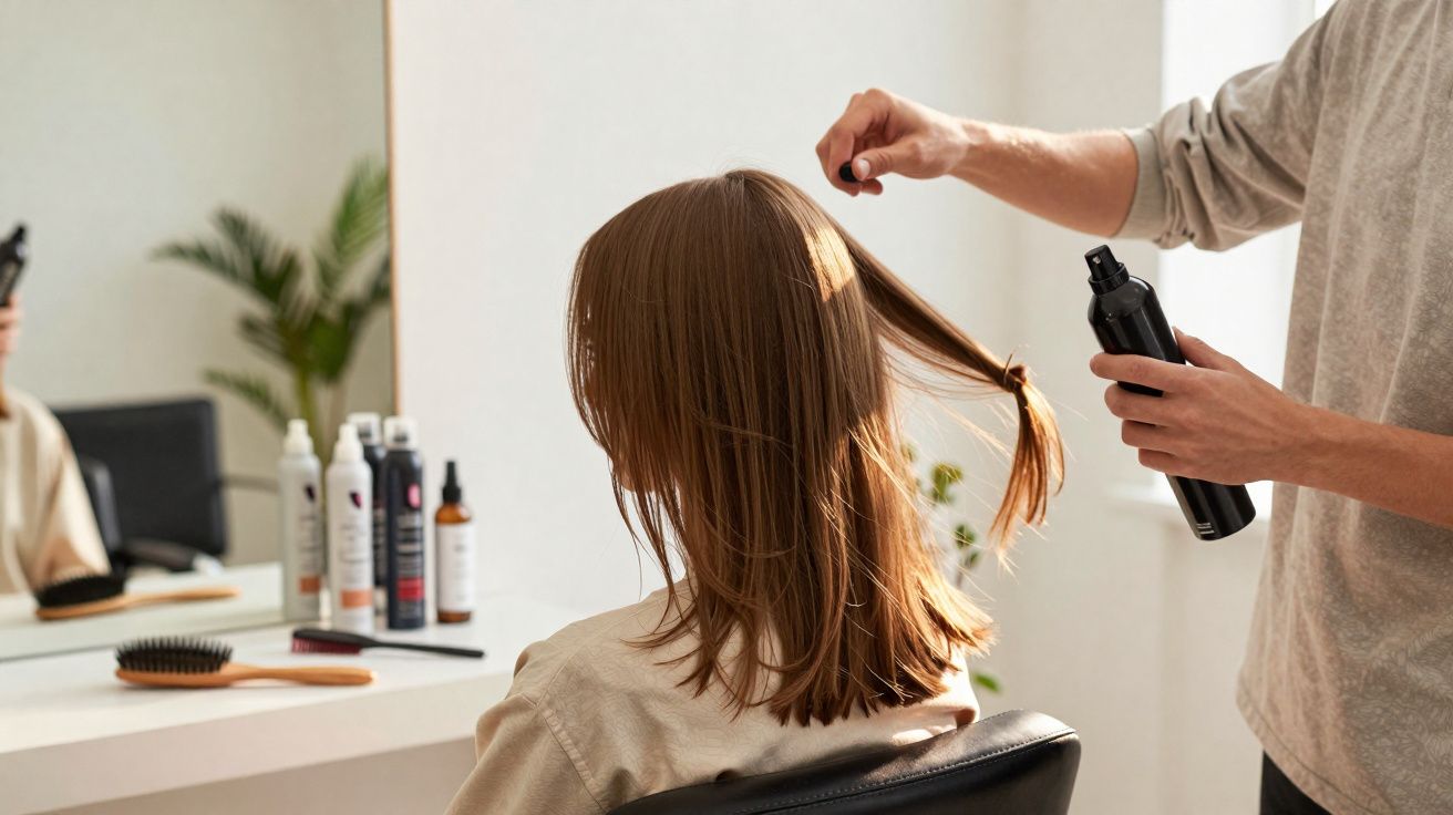 Profissional aplicando spray em cabelo castanho de cliente em salão de beleza iluminado naturalmente.