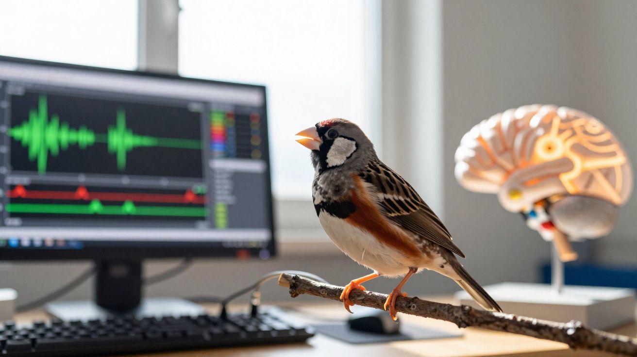 Pássaro empoleirado em galho dentro de escritório com computador e modelo de cérebro ao fundo.