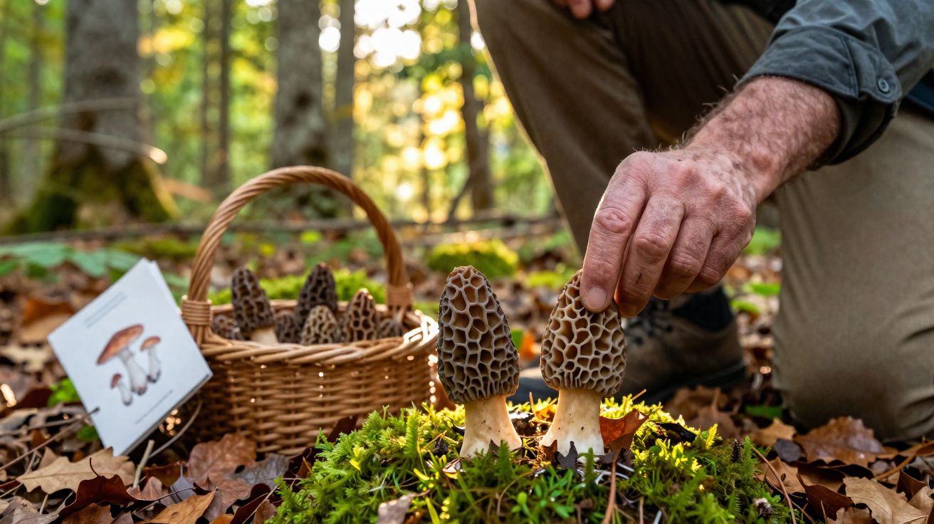 Pessoa coletando cogumelos morchella em floresta com cesta e cartão de identificação ao lado.