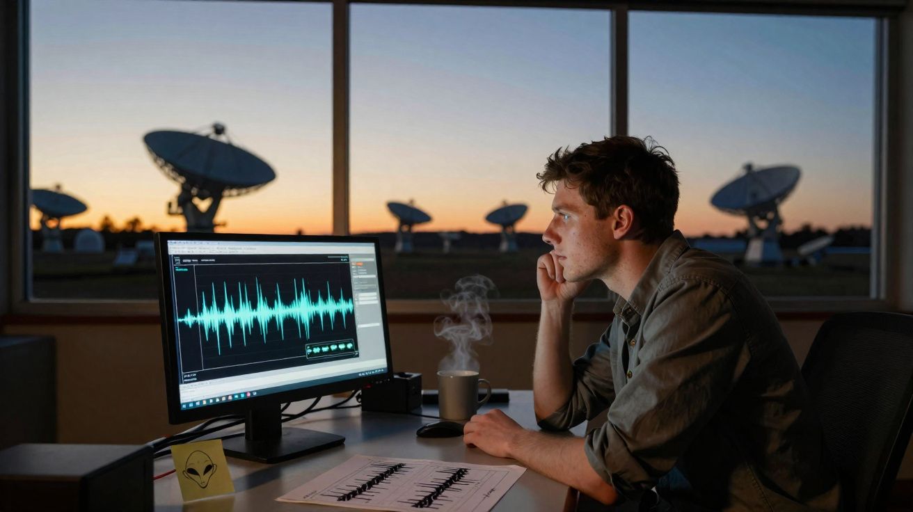 Jovem analisa ondas sonoras no monitor de computador em sala com antenas parabólicas ao pôr do sol.