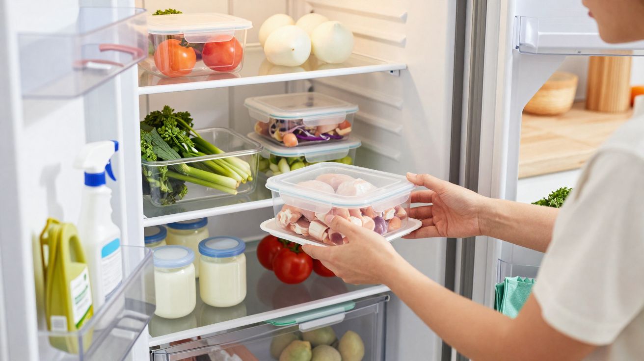 Pessoa organizando potes plásticos com alimentos dentro de geladeira com legumes, ovos e tomates.