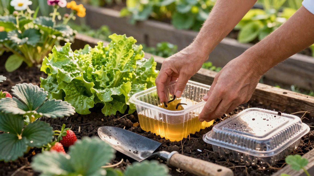 Mãos colocando armadilha adesiva amarela para pragas em horta com alface e morangos.