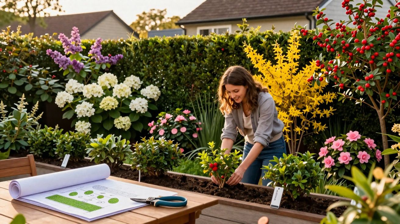 Mulher cuidando de plantas em canteiro, com flores e ferramenta de jardinagem em mesa ao lado.