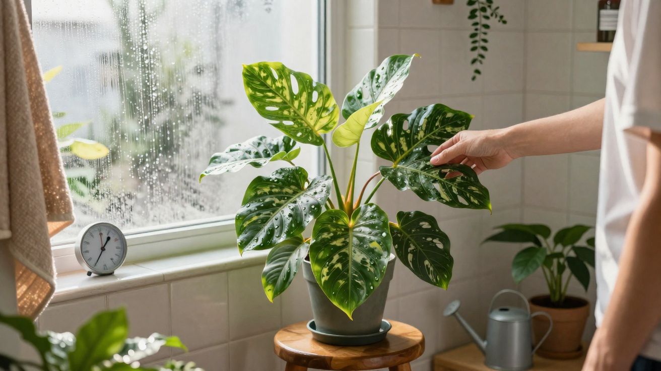 Pessoa cuidando de planta Monstera variegata com folhas verdes e brancas em ambiente interno perto de janela.