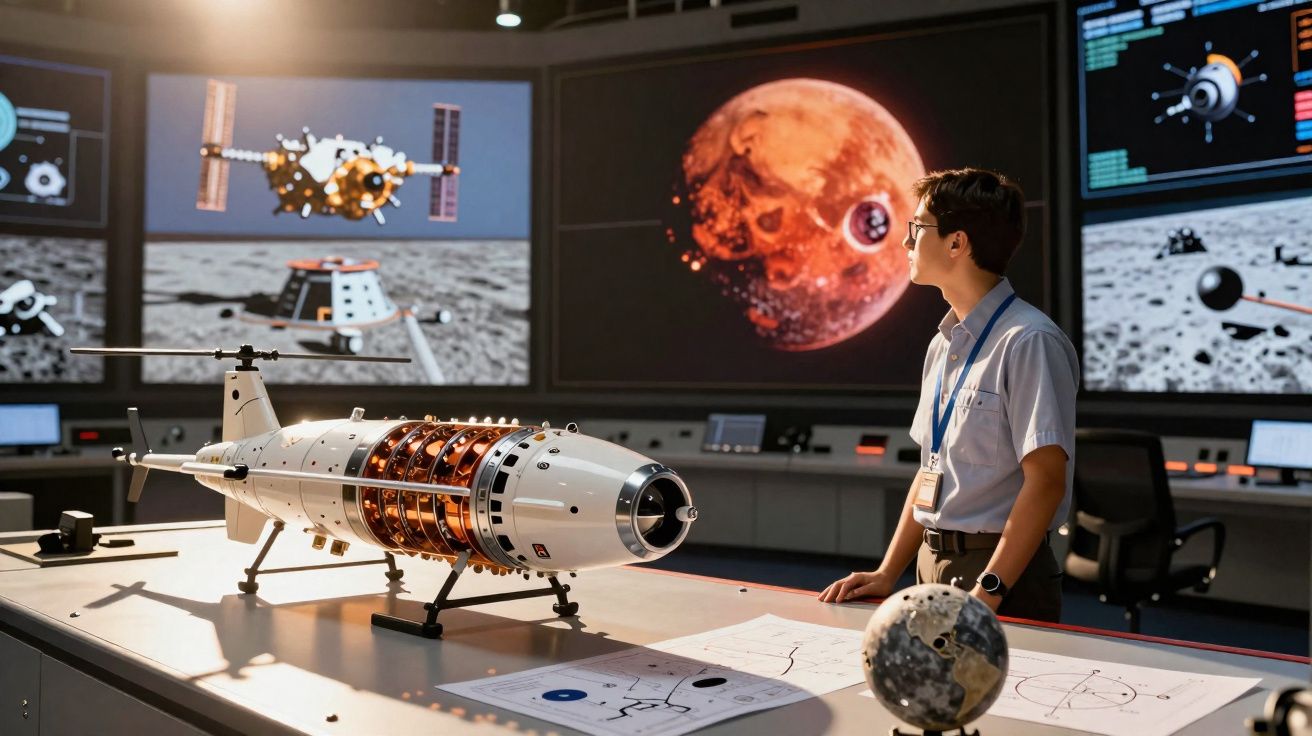 Homem observa maquete de nave espacial em sala de controle com telas mostrando planeta vermelho e satélites.