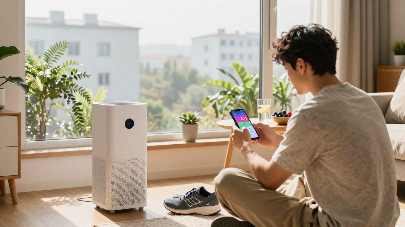 Homem sentado no chão controlando purificador de ar via smartphone em sala iluminada com plantas.