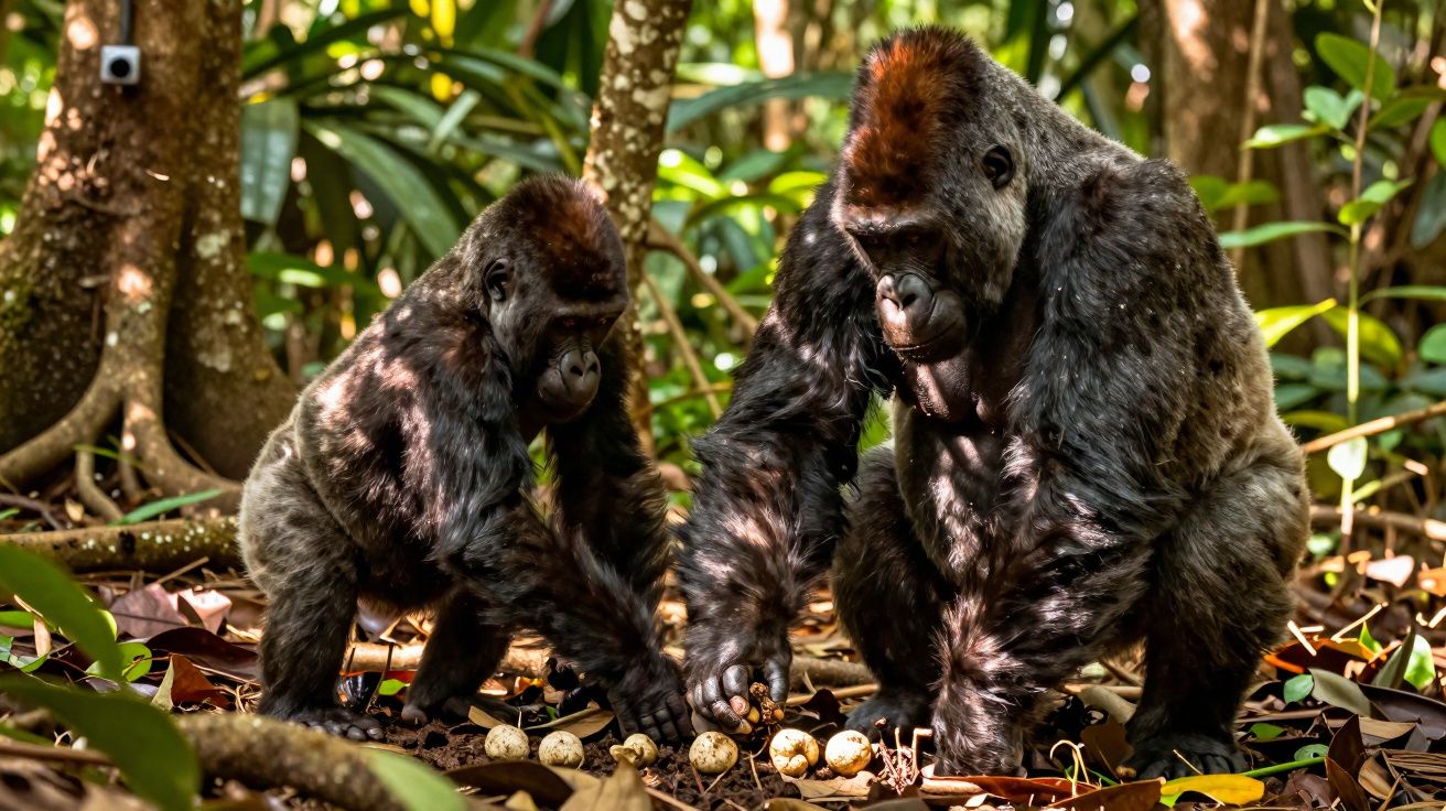 Dois gorilas na floresta analisando ovos espalhados no chão coberto de folhas secas.