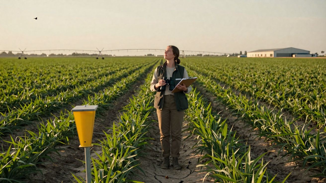 Mulher com colete verde segura prancheta e binocular em plantação verde ampla ao entardecer.