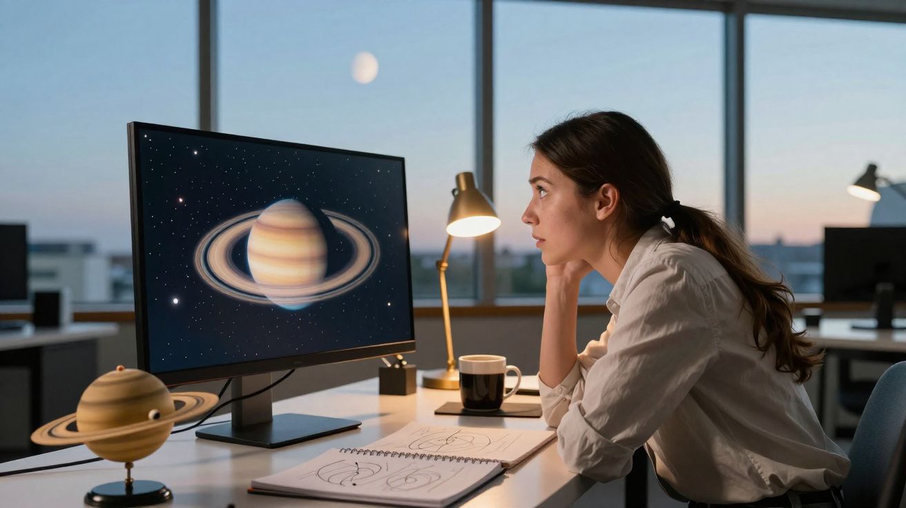 Mulher sentada em mesa de escritório observando imagem do planeta Saturno no monitor do computador.