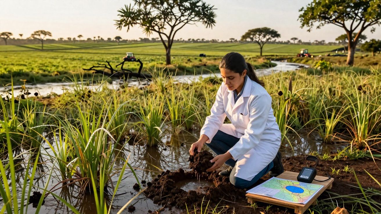 Mulher de jaleco branco analisa solo em área alagada de plantação, com mapas e equipamentos ao lado.