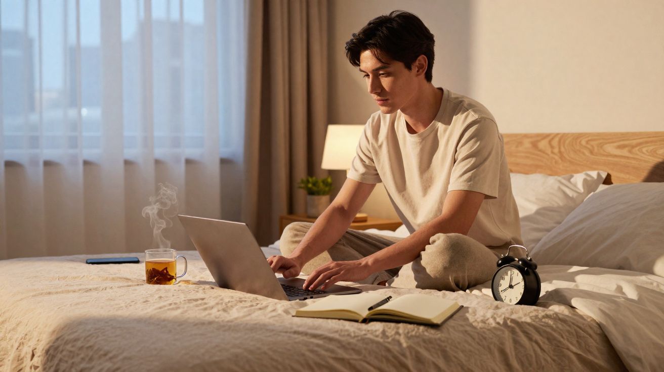 Jovem sentado na cama usando notebook, com caderno aberto, relógio despertador e xícara de chá ao lado.