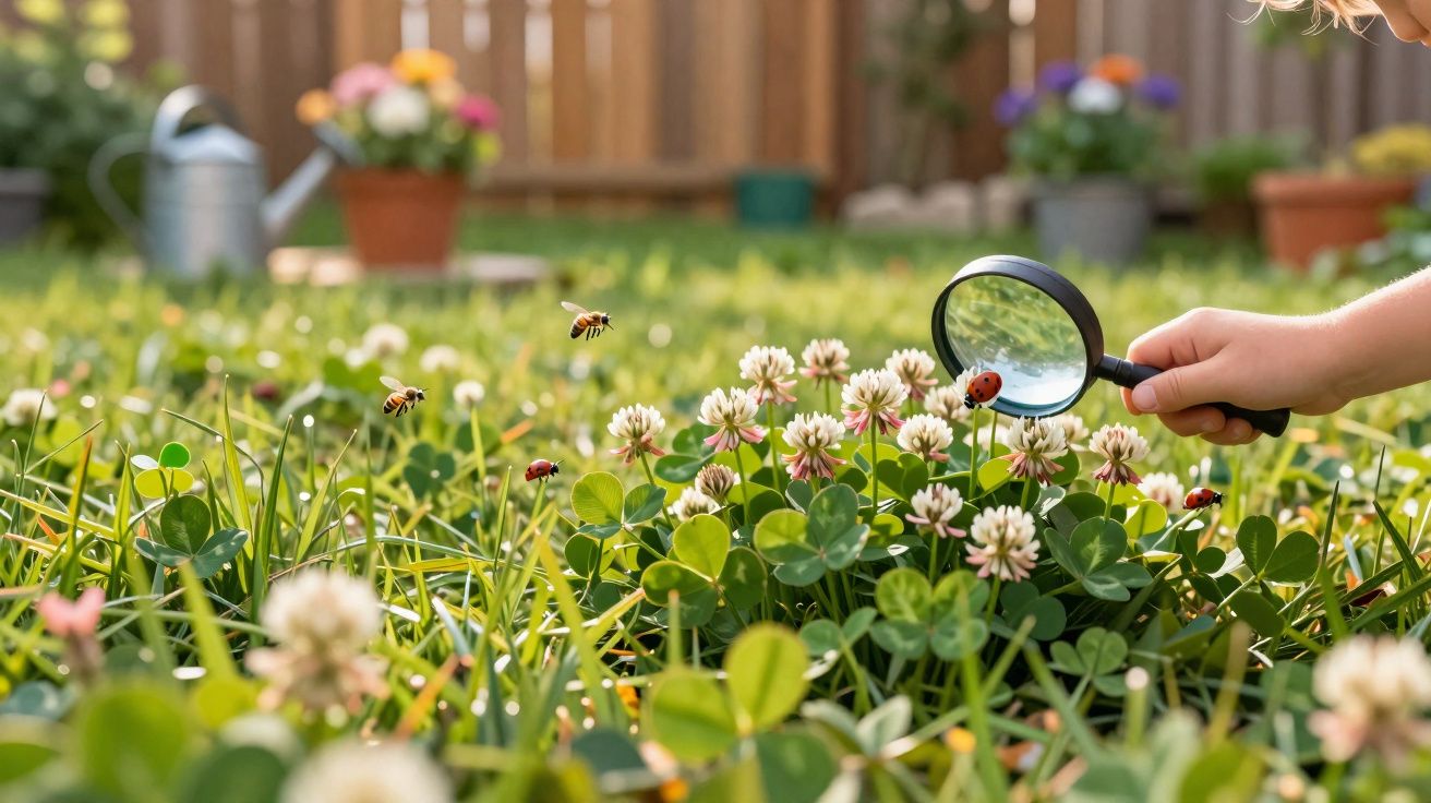 Mão segurando lupa sobre flores com joaninhas e abelhas voando em jardim ensolarado.