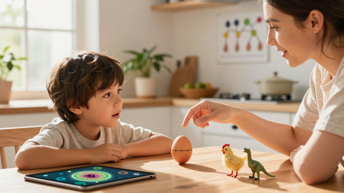 Criança ouvindo mulher enquanto brincam com ovo e brinquedos na mesa da cozinha iluminada.