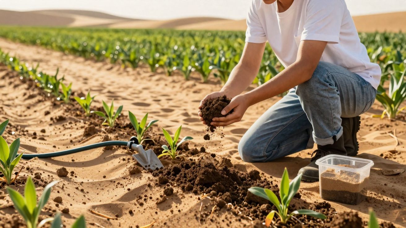 Pessoa agachada analisando a terra fértil em plantação de mudas verdes em solo arenoso.