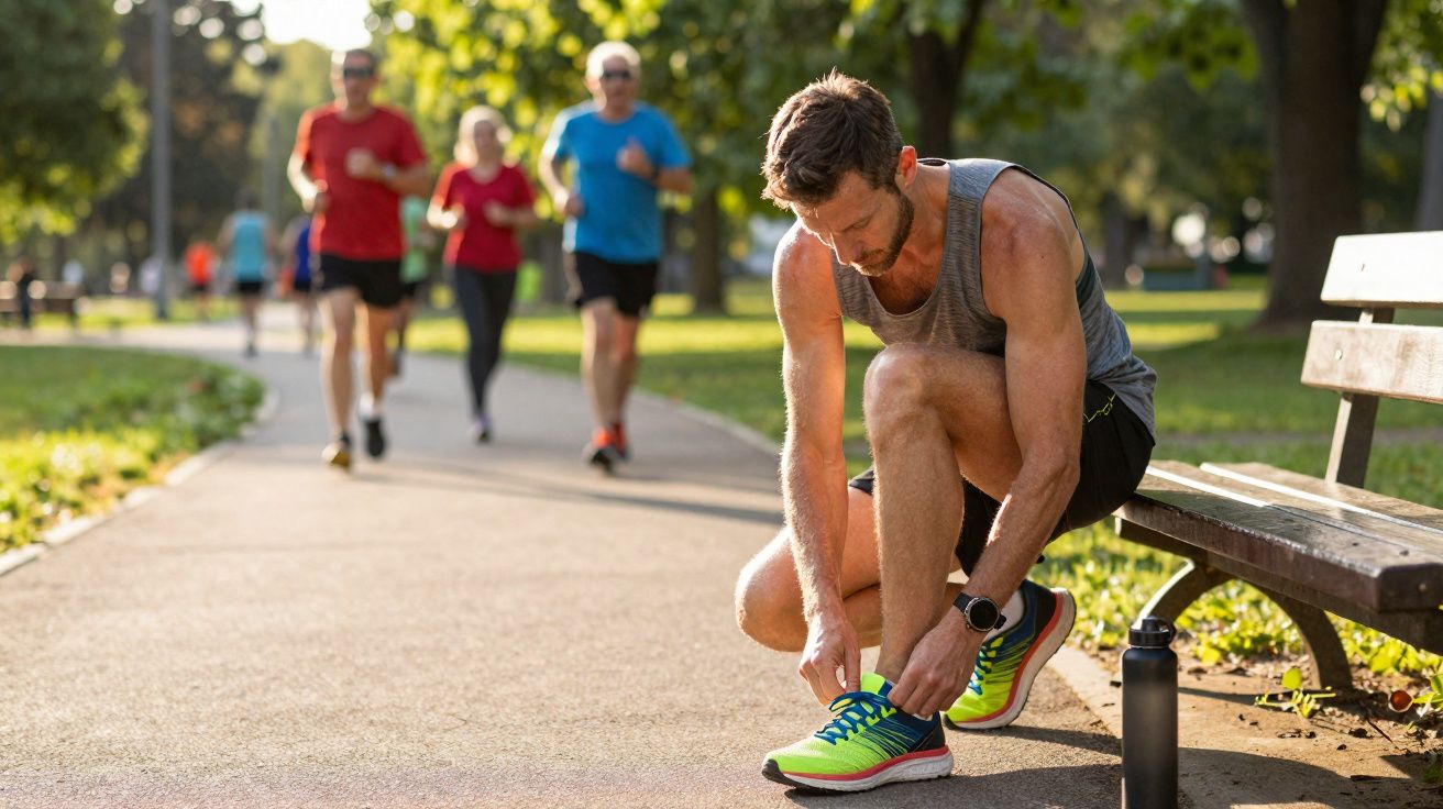 Homem amarrando tênis em parque enquanto outros correm ao fundo em dia ensolarado.