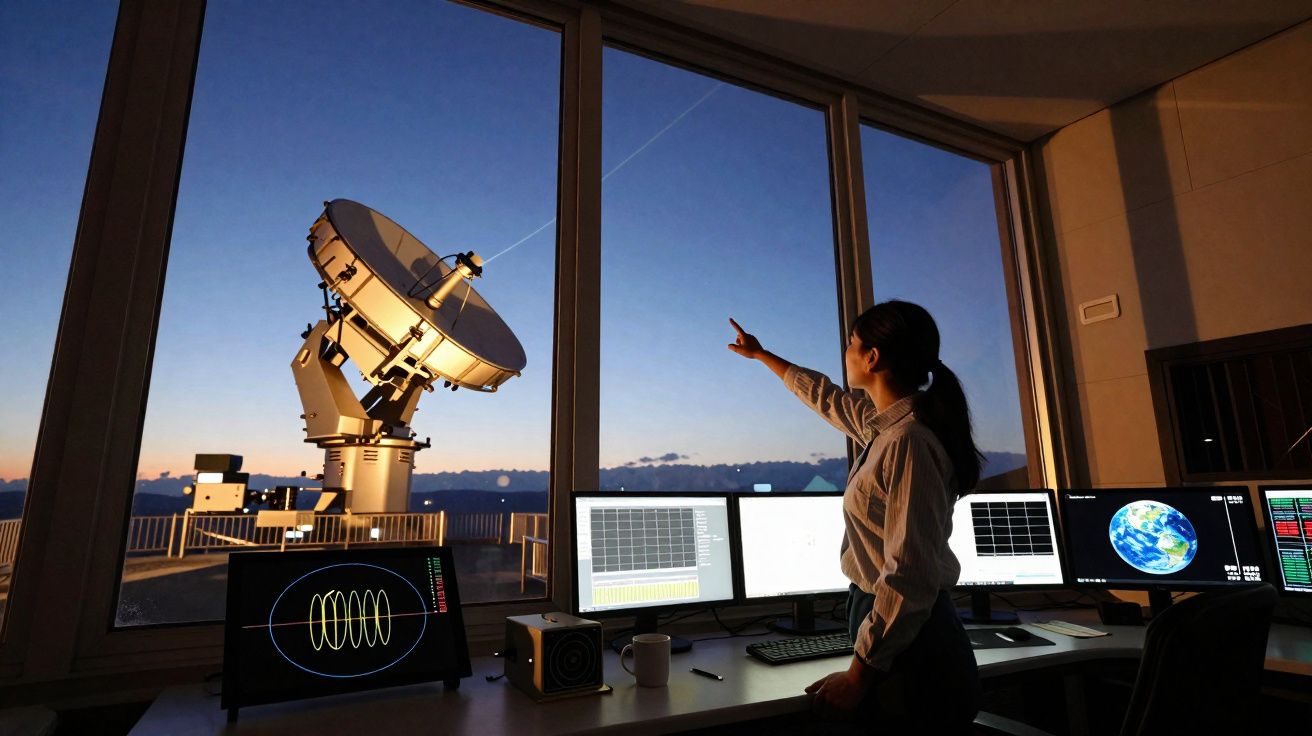 Mulher aponta para o céu ao lado de telescópio observatório com vários monitores e painéis de controle.