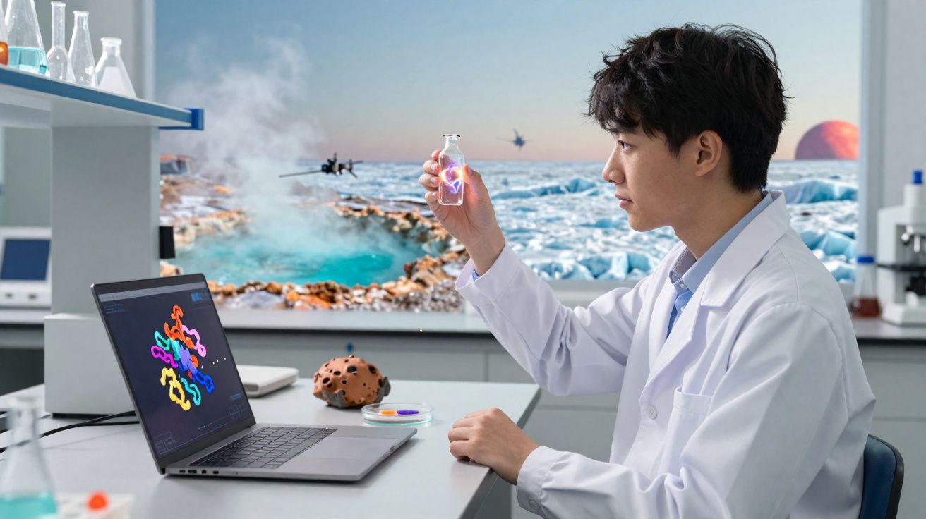 Cientista em laboratório analisando frasco com líquido colorido, laptop aberto e fundo com cenário ártico e drones.