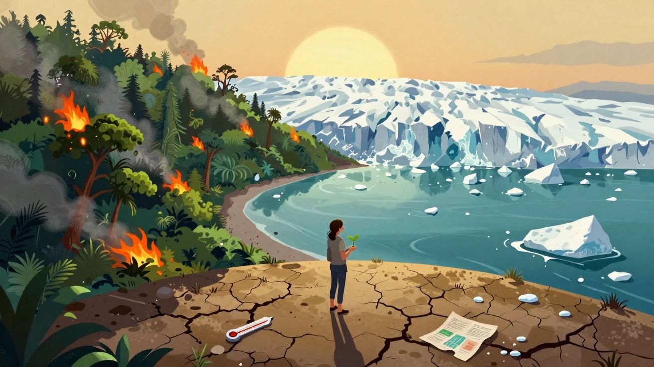 Pessoa observando floresta em chamas e geleira derretendo ao pôr do sol, simbolizando mudanças climáticas.