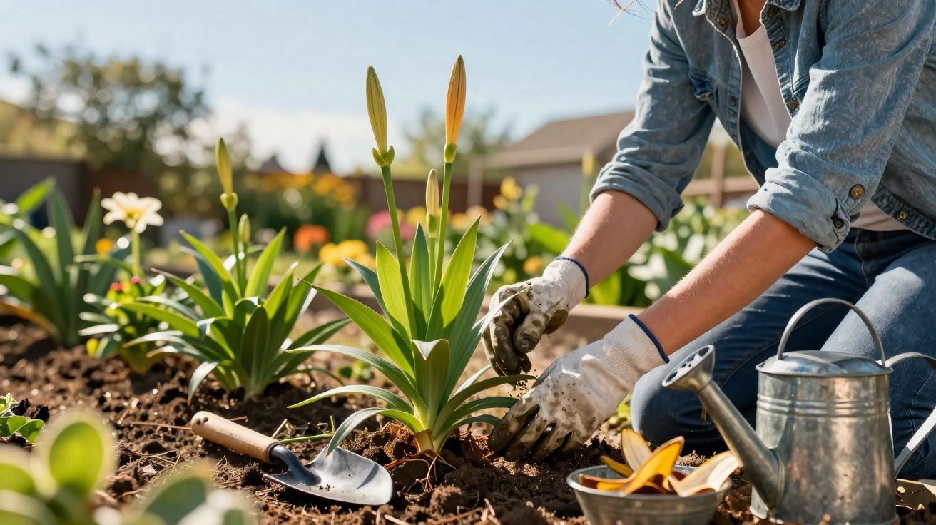 Pessoa com luvas cuidando de plantas em jardim com regador, pá e folhas em vaso próximo.