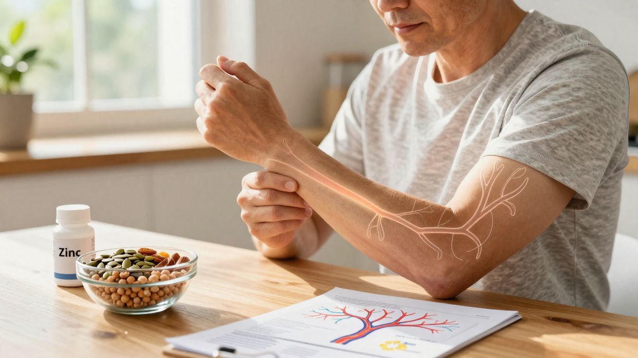 Homem segurando o antebraço com ilustração de vasos sanguíneos, frascos de suplemento e sementes na mesa.