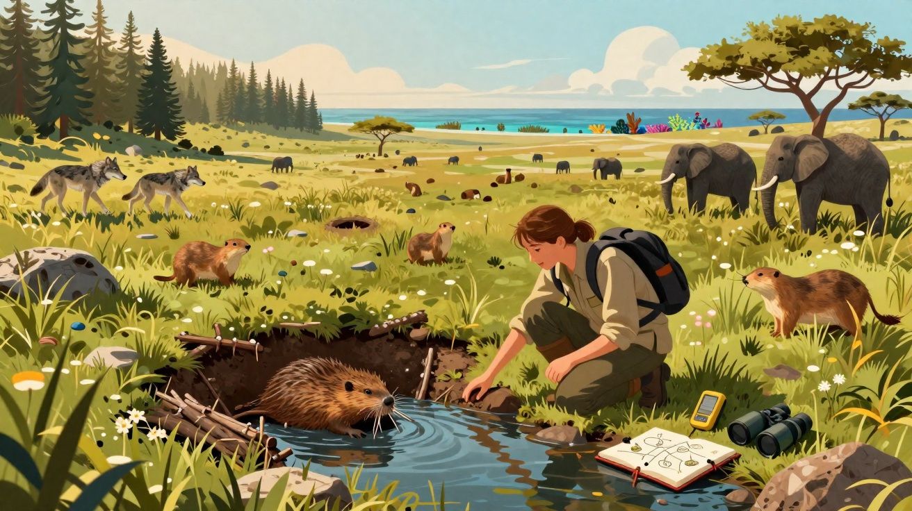 Mulher observa castor em riacho cercado por animais selvagens em uma paisagem natural ampla e colorida.