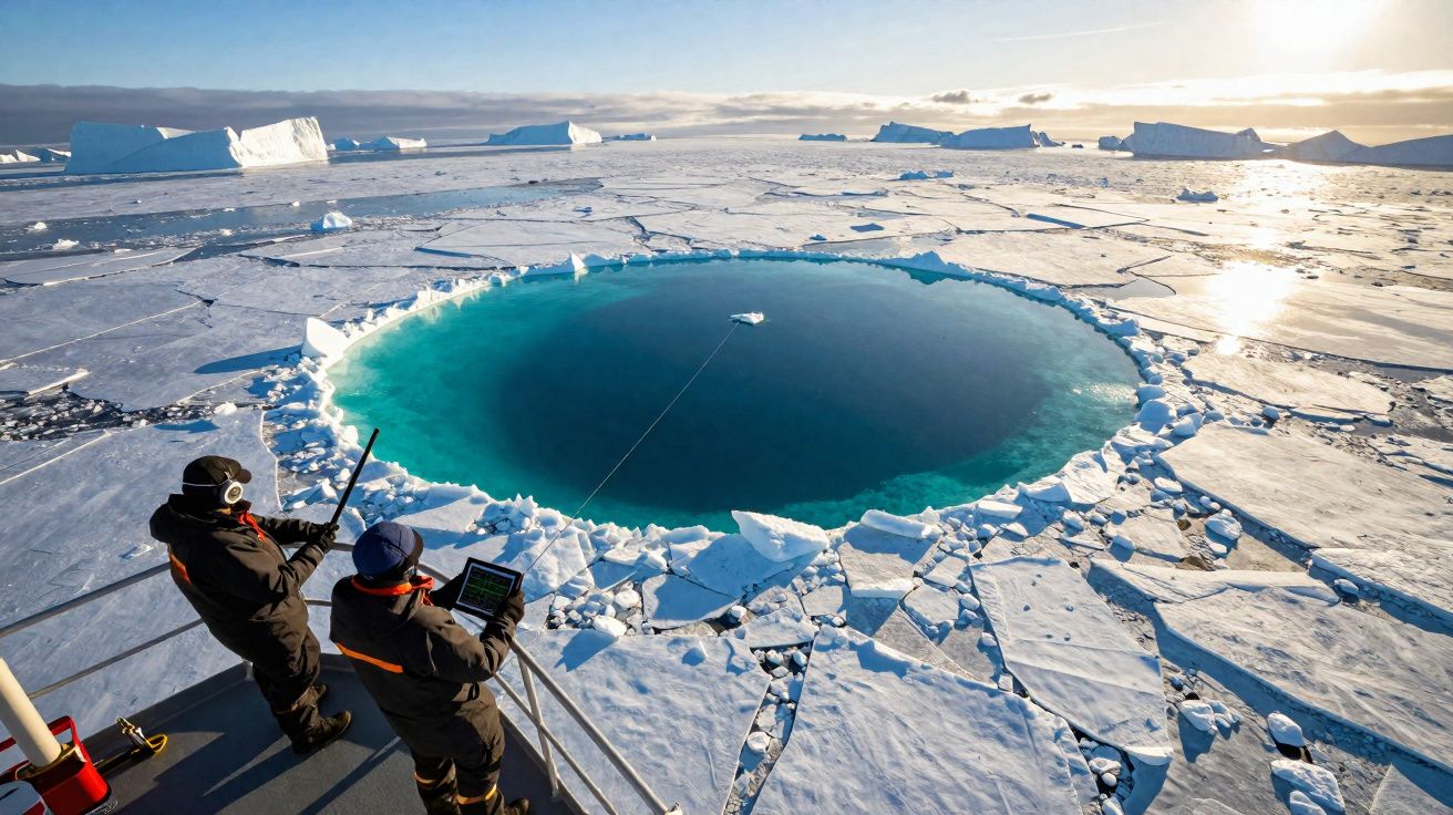 Cientistas em barco observam buraco circular em gelo no mar congelado com icebergs ao fundo.