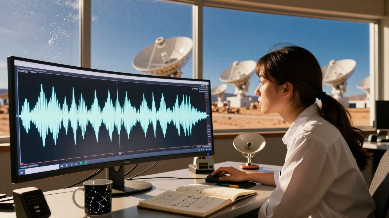 Mulher analisando ondas sonoras em monitor de computador com antenas parabólicas visíveis pela janela.