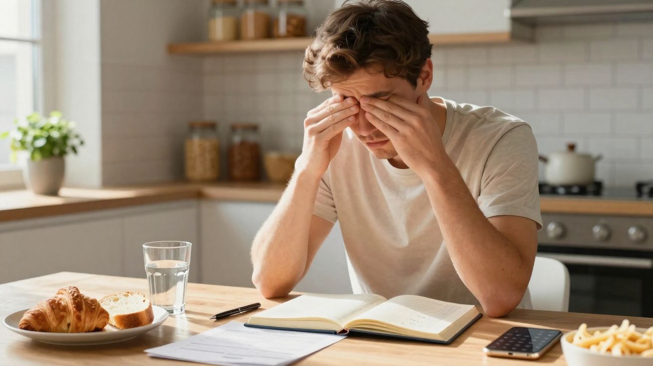 Homem sentado à mesa da cozinha com expressão cansada, segurando o rosto com as mãos, lendo livro.