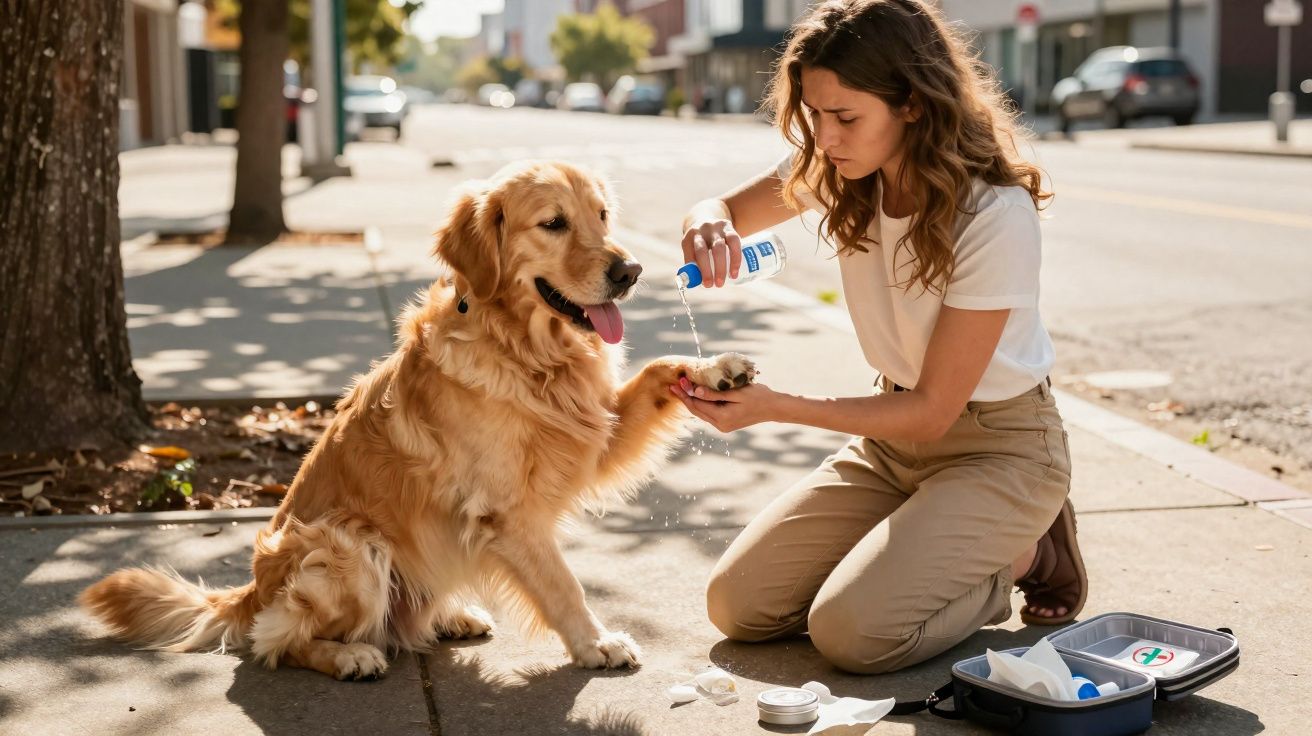 Mulher cuidando da pata de um golden retriever com produto de limpeza na calçada ensolarada.