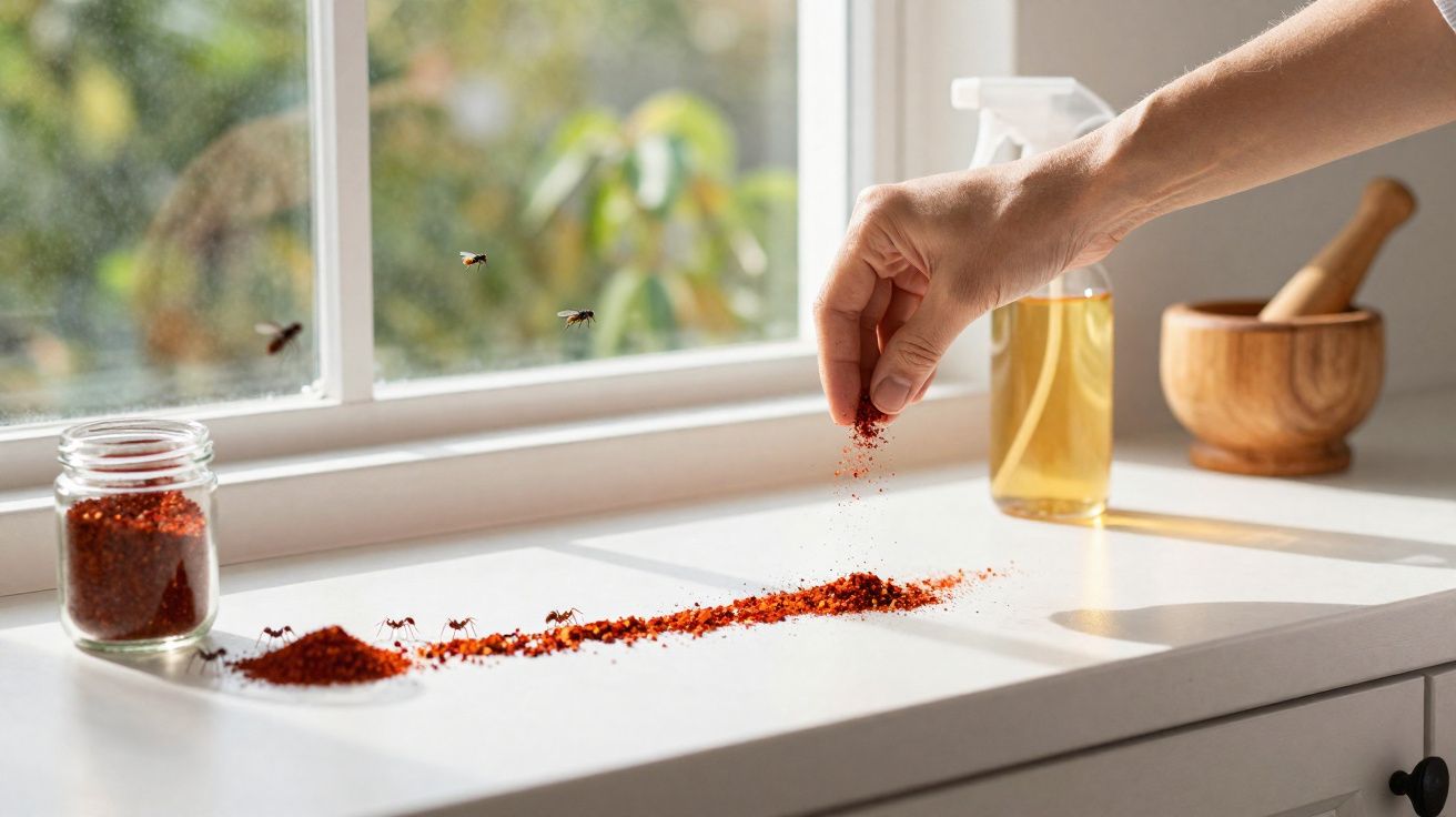 Mão espalhando pó vermelho no balcão para afastar formigas perto de janela com spray e almofariz ao fundo.